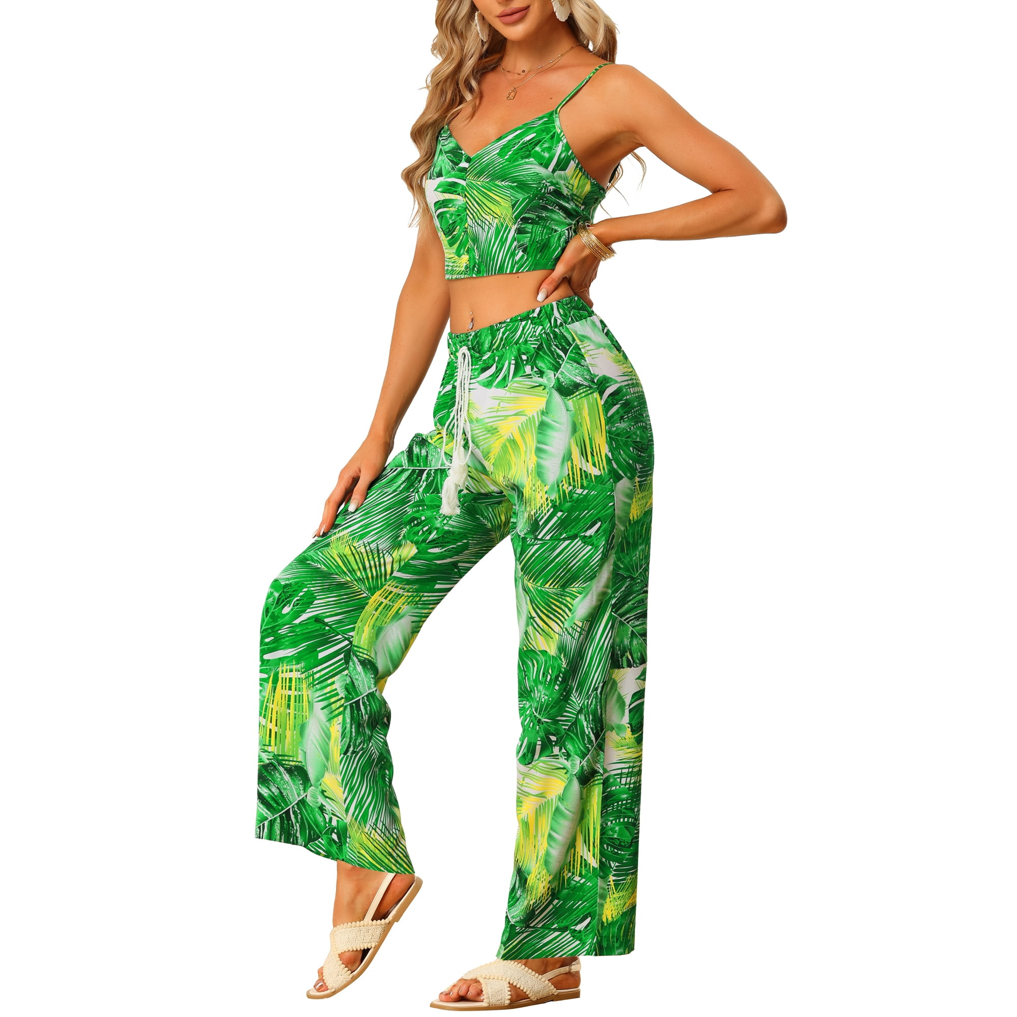 Allegra K Two Piece Outfit for Women's Tropical Print Cami Crop Top Elastic Waist Wide Leg Pants Sets